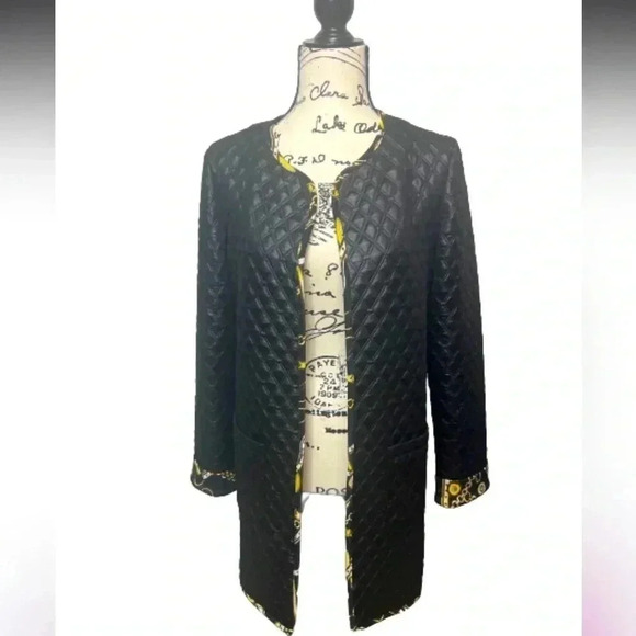 ROZ & ALI JACKET BLACK AND GOLD PRINT QUILTED LONG POCKETS SIZE SMALL - Picture 2 of 10